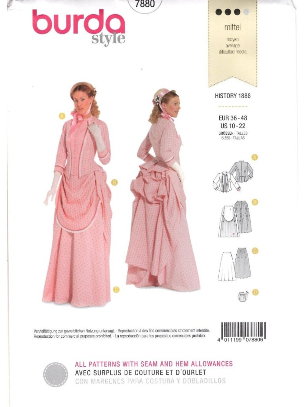 Burda 7880 Womens 10 to 22 Victorian Dress Costume Uncut Sewing Pattern New